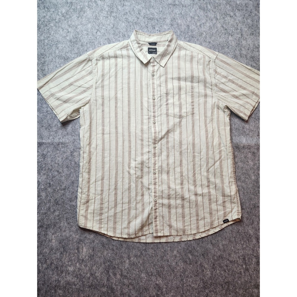 Prana Mens XL Short Sleeve‎ Button Down Shirt Beige Striped Standard Fit Pocket
